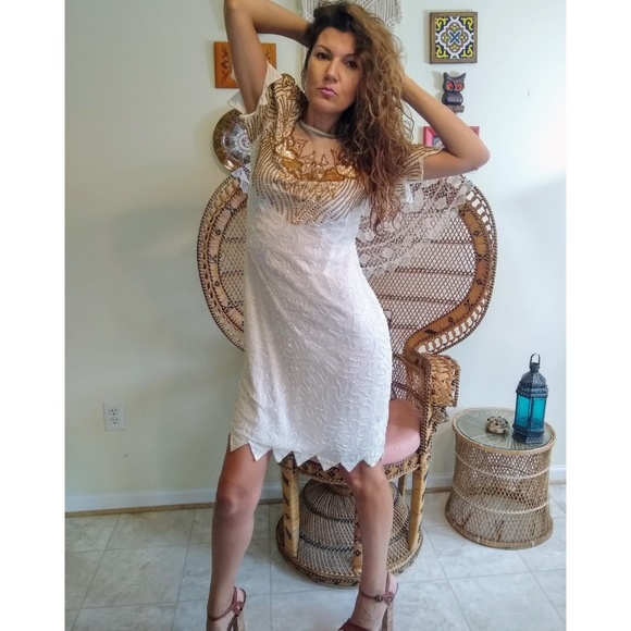 80s cream beaded silk dress M/L - Picture 2 of 5